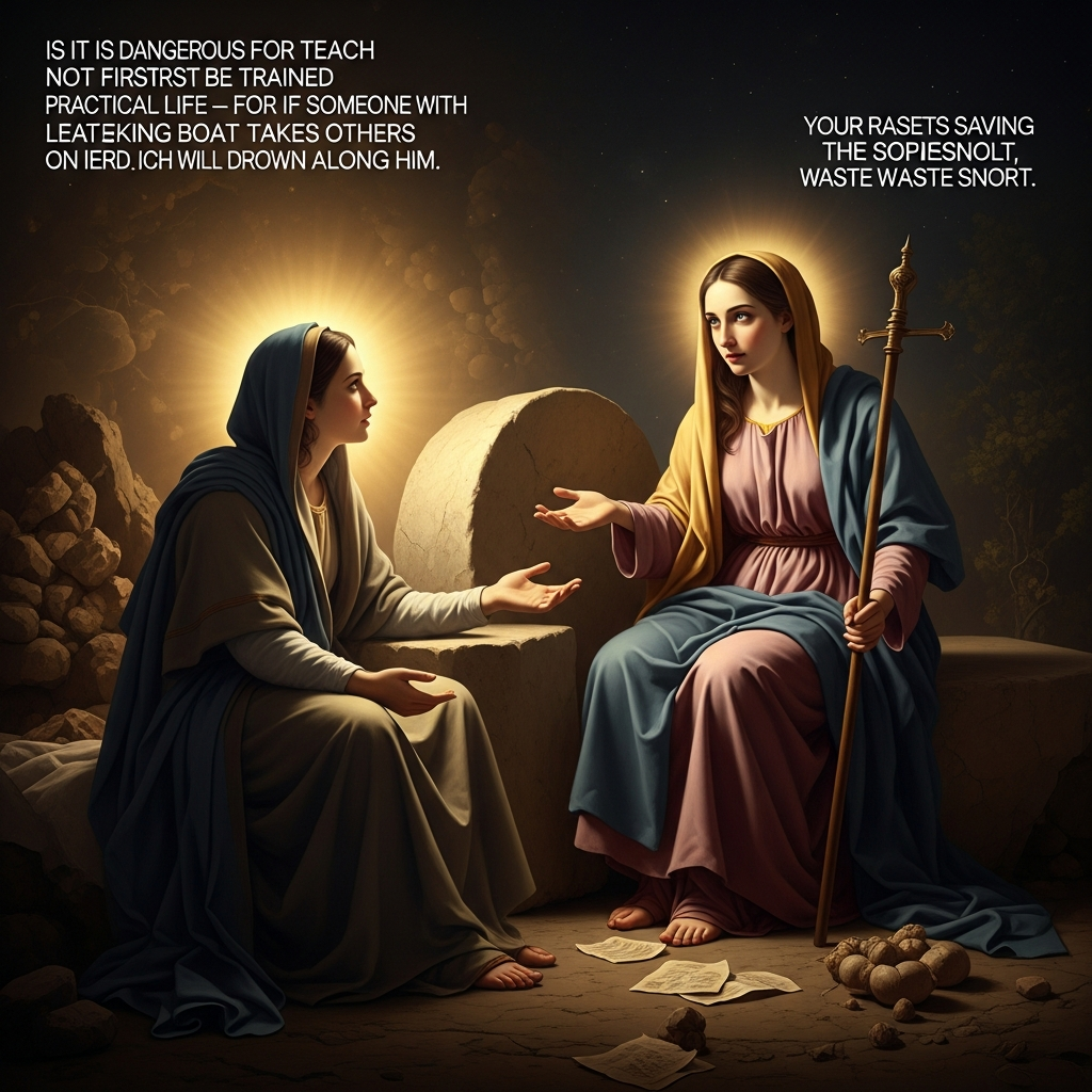 The disciples have found her. She tries to send them away. They sit outside the tomb until she relents and speaks. Her sayings are short. She does not waste words. *It is dangerous for anyone to teach who has not first been trained in practical life — for if someone with a leaking boat takes others on board, they will drown along with him.*
