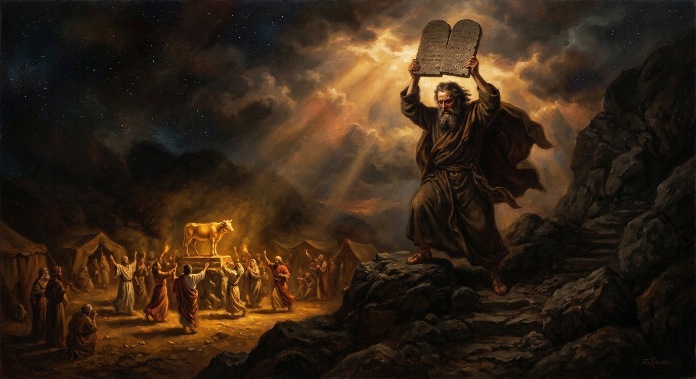 Moses, still burning with the fire of the mountain, sees the calf and the dancing. He throws the tablets down. They shatter at the foot of Sinai (Exodus 32:19).