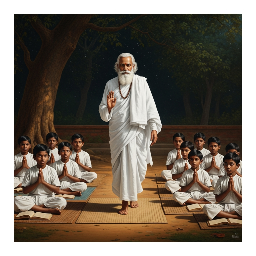 Shantiniketan. The classes are held outside, under the trees, on woven mats. The children sing the morning prayer he composed for them. He walks among them in the white robe, with the white beard, an old man who has decided that pedagogy is theology by other means.