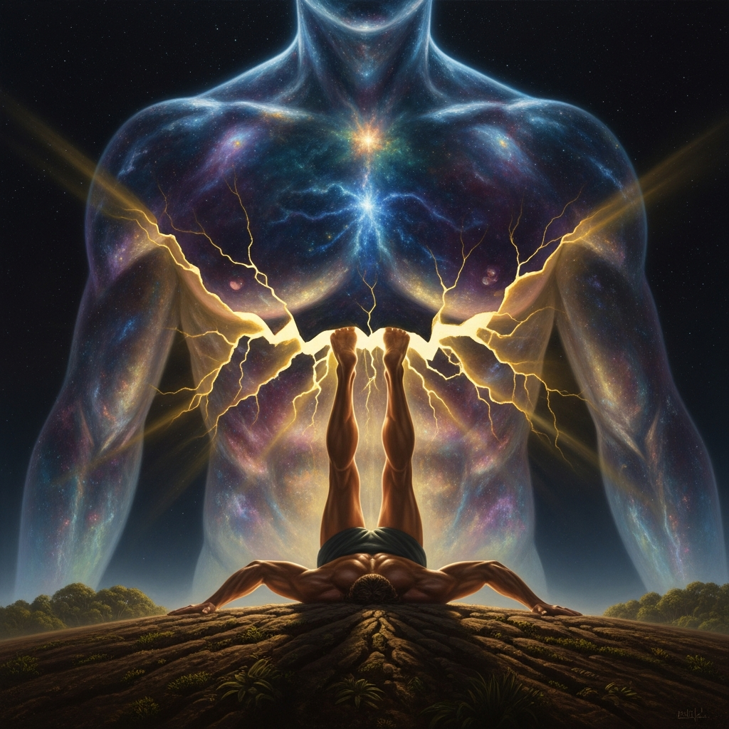 Tāne inverted, shoulders on the Earth, his feet rising against the Sky Father's chest, the moment before the crack.