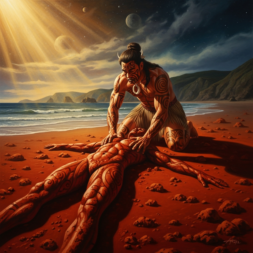 Tāne on the beach at Kurawaka, his hands pressing the red earth into a human form, the first body that has ever existed.