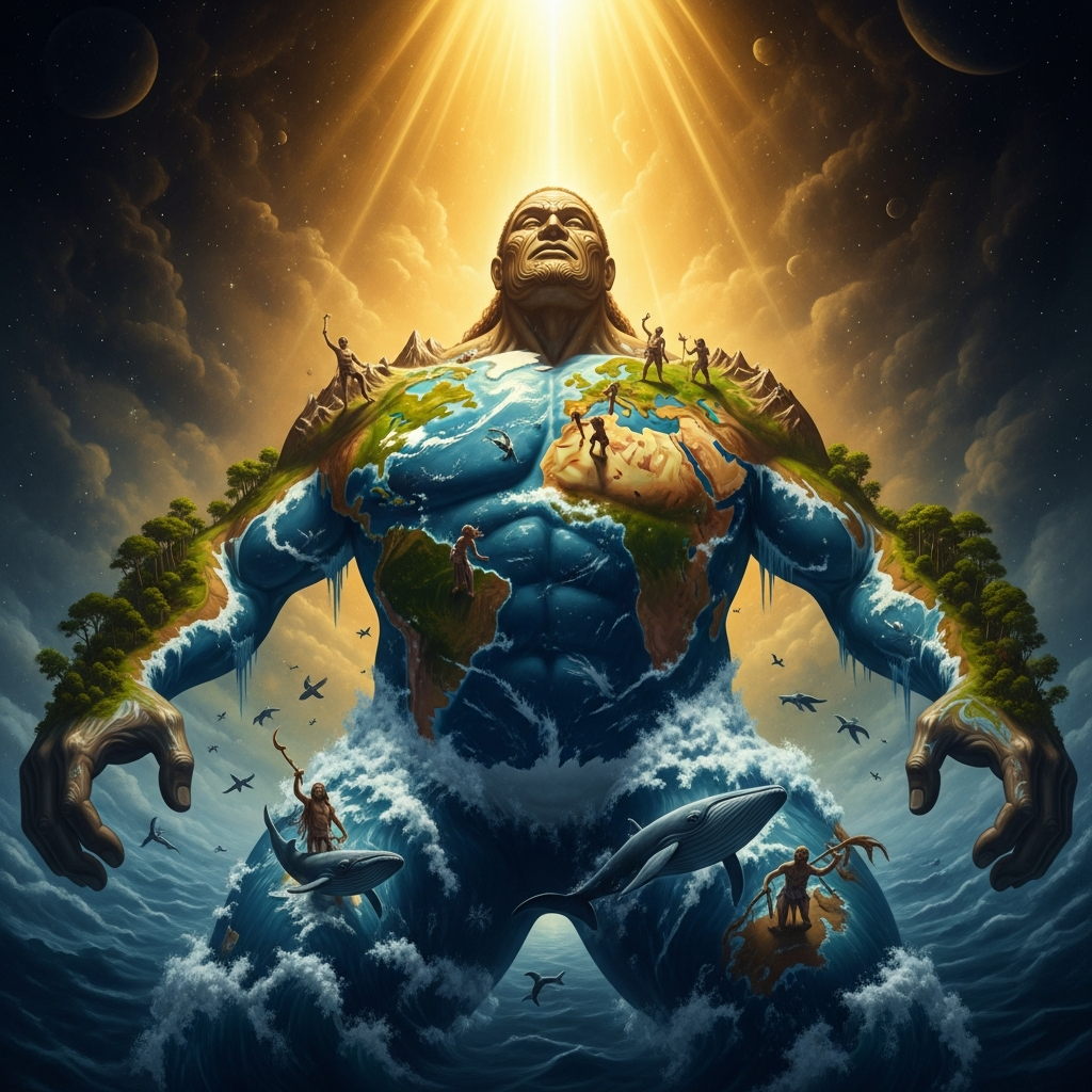 The world assembled from Tangaroa's body — mountains where his spine was, forests where his flesh took root, the sea filling the low places with what was once his blood.