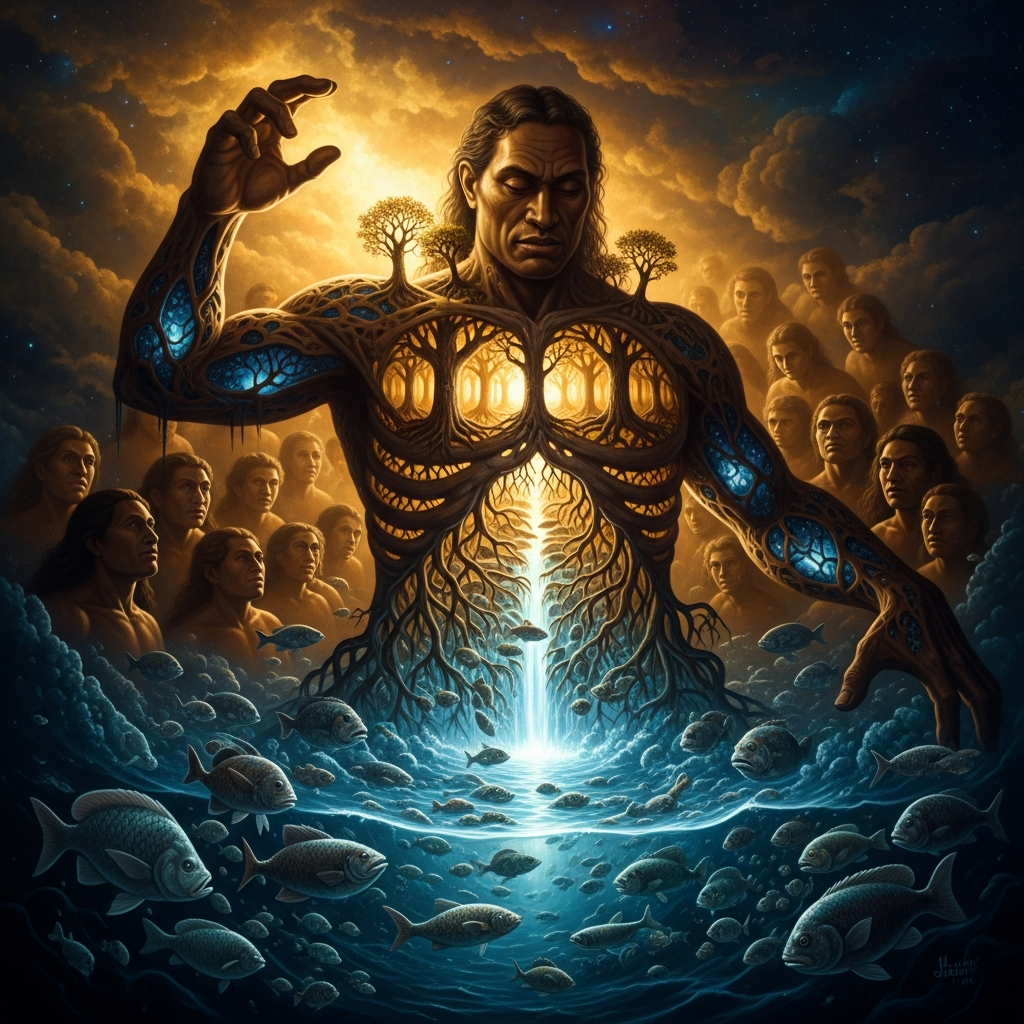 Tangaroa reaching inside himself — the first trees rooting in his ribs, the first fish moving in the water that was once his blood, the gods who followed born from what remained.