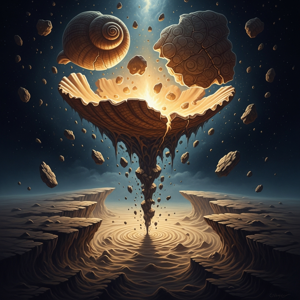 Pieces of the shell falling away and thickening into rock, into sand — the first geology, the floor of the world made from the god's discarded armor.