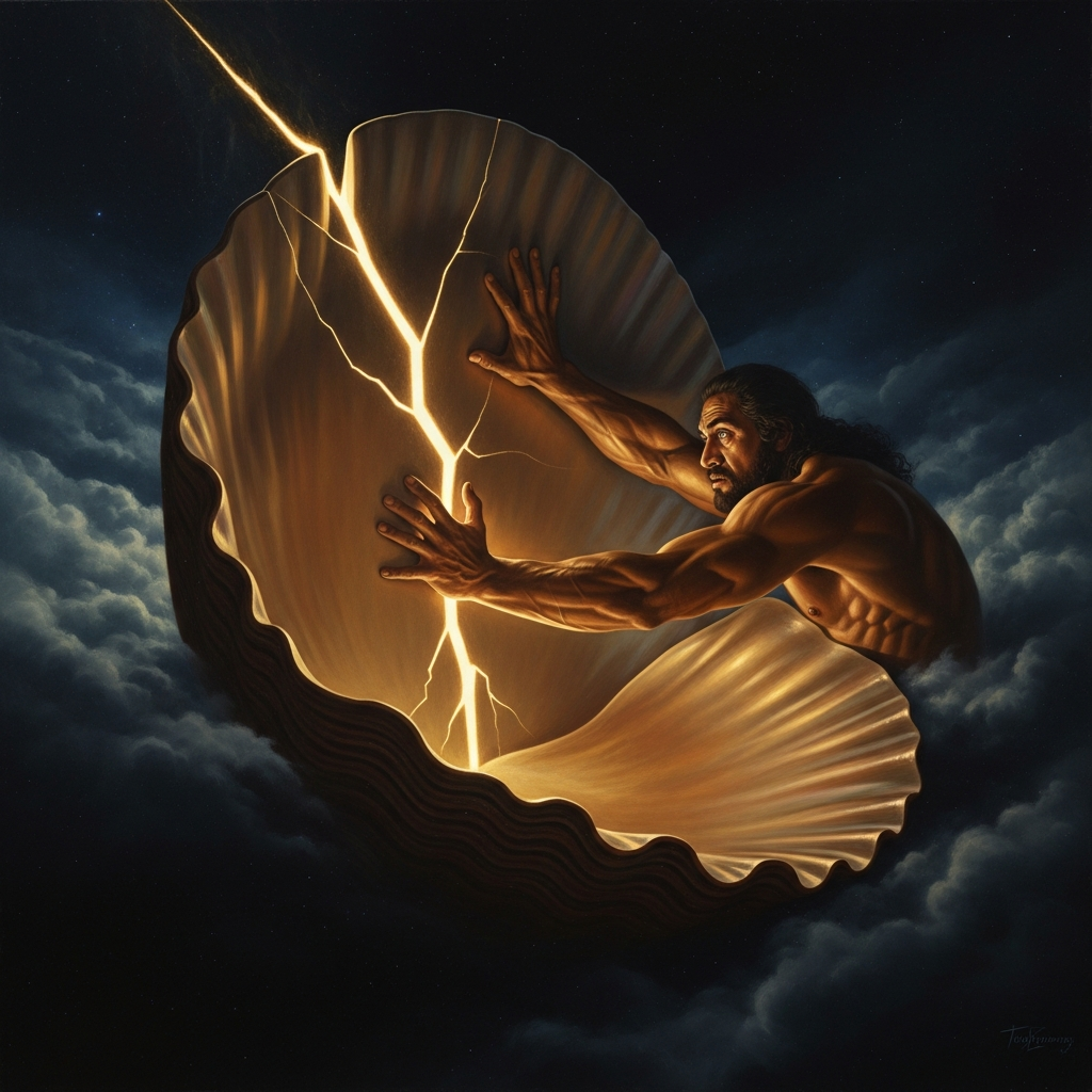 The first fracture — Tangaroa pressing his hands against the inner wall of the shell, the crack splitting along the curved surface, light coming in from somewhere there was no somewhere before.
