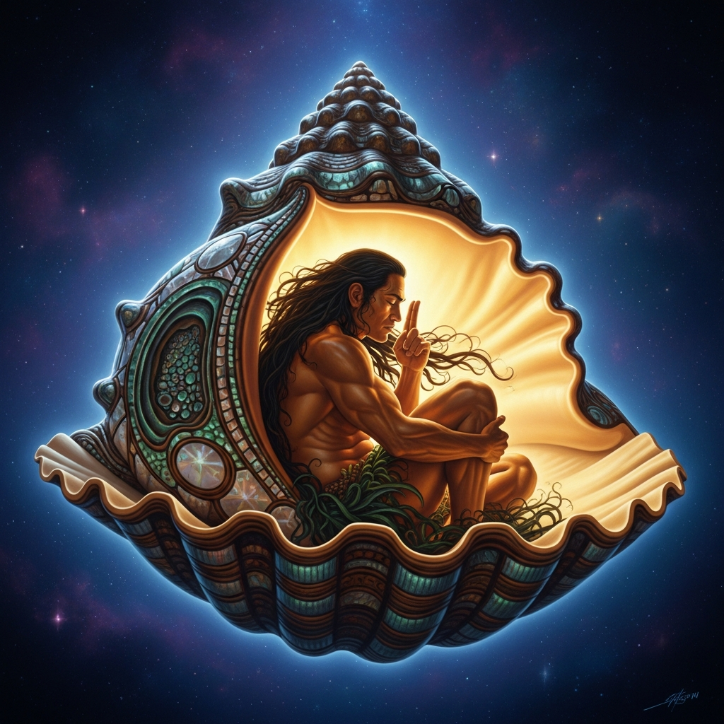 Tangaroa inside his shell in the void — not darkness exactly but the absence of space itself, the god curled inside the only thing that exists, listening to nothing.