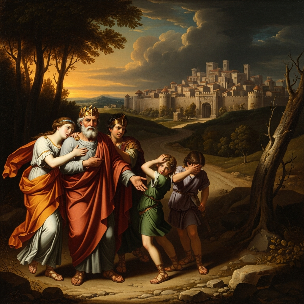 The Tarquin family in exile on the Etruscan road, looking back at a city that has sealed its gates. The monarchy is over.