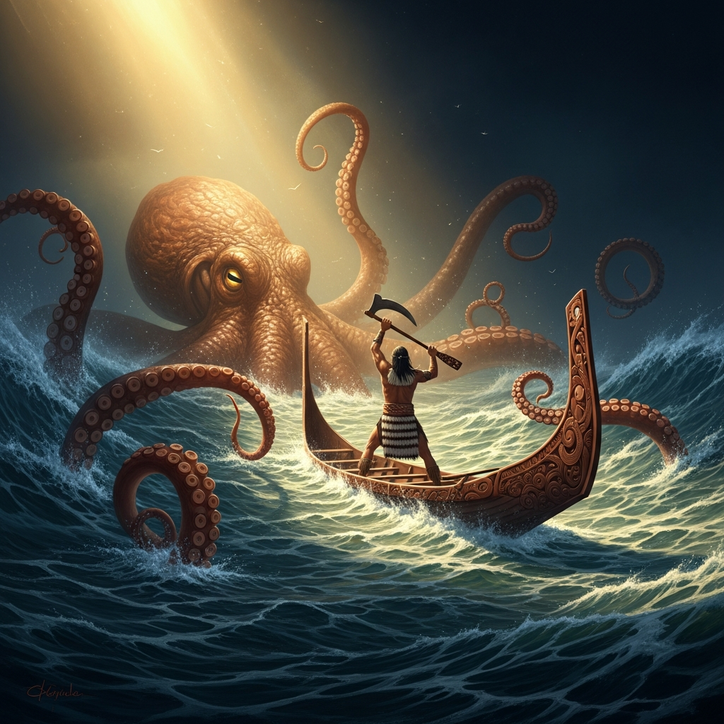 The confrontation in the strait — Te Wheke-a-Muturangi surfacing, its tentacles spreading across the water, Kupe raising his weapon above the hull.