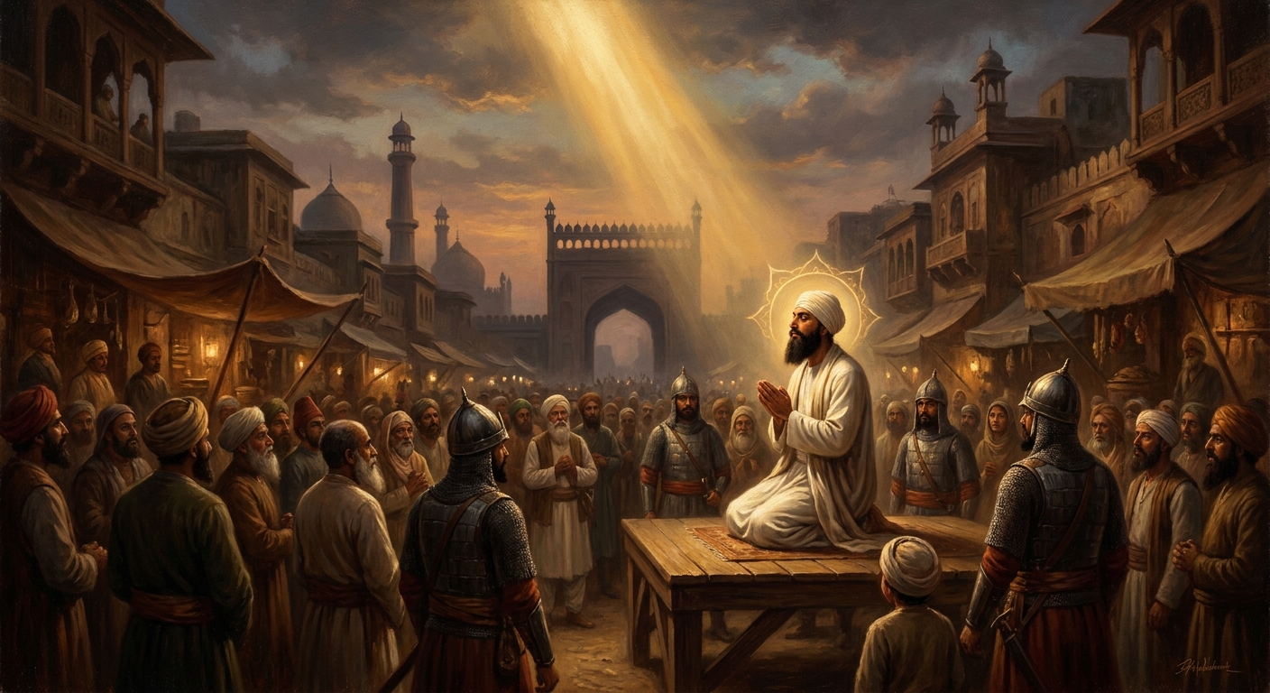 November 11, 1675. Beneath the banyan tree at Chandni Chowk, Aurangzeb's executioner brings the sword down. A storm breaks over Delhi within the hour.