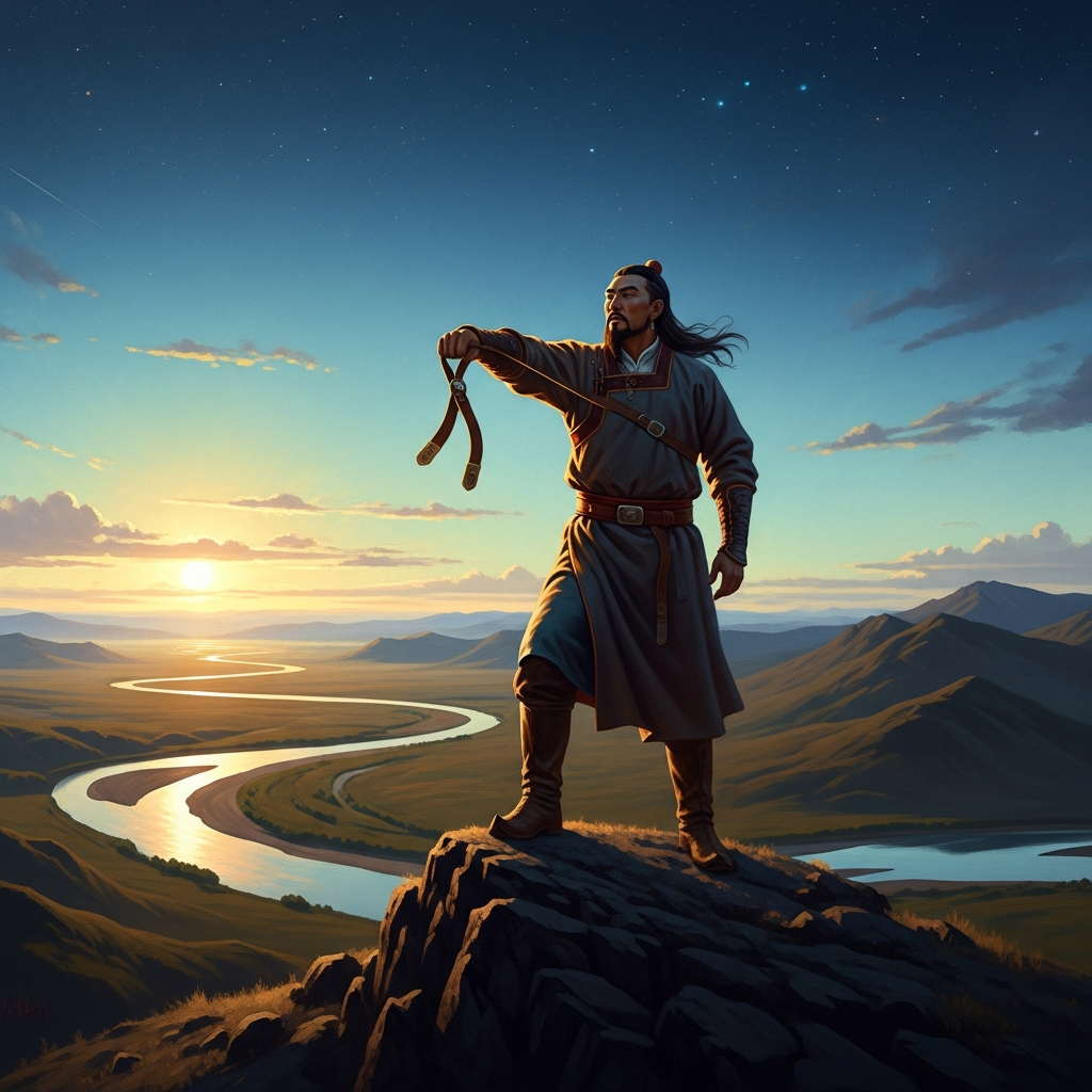 Temüjin stands alone on the summit of Burkhan Khaldun, his belt thrown over his shoulder, facing the east. Below him the Onon River catches the early light. He has not yet spoken.