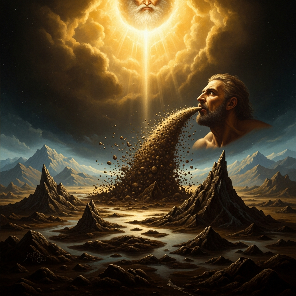 The mud Erlik hid in his cheeks expands. Tengri commands him to spit. The expelled mud erupts across the new land and sets: mountains, swamps, the uneven and difficult places where the world refuses to be smooth.