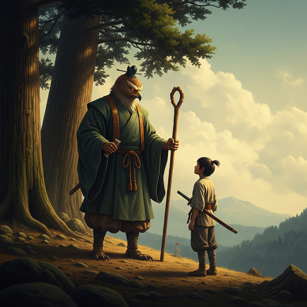 On the slope of Kurama-yama, a great tengu with the face of a hawk and robes of deep mountain-green stands before the young Ushiwakamaru with a wooden staff. The cedars around them are a hundred years old. The tengu is older. The lesson has not yet begun, which means it has been happening since the boy arrived.