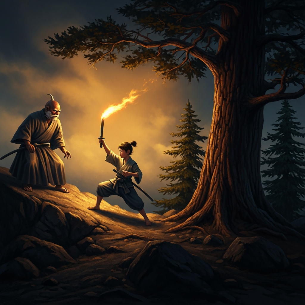 By torchlight, high on the mountain, the boy practices the same cut for the four hundredth time. The tengu watches from the dark without expression. The cedars hold the wind. The boy does not yet know what he is practicing, which is the correct condition for practicing it.