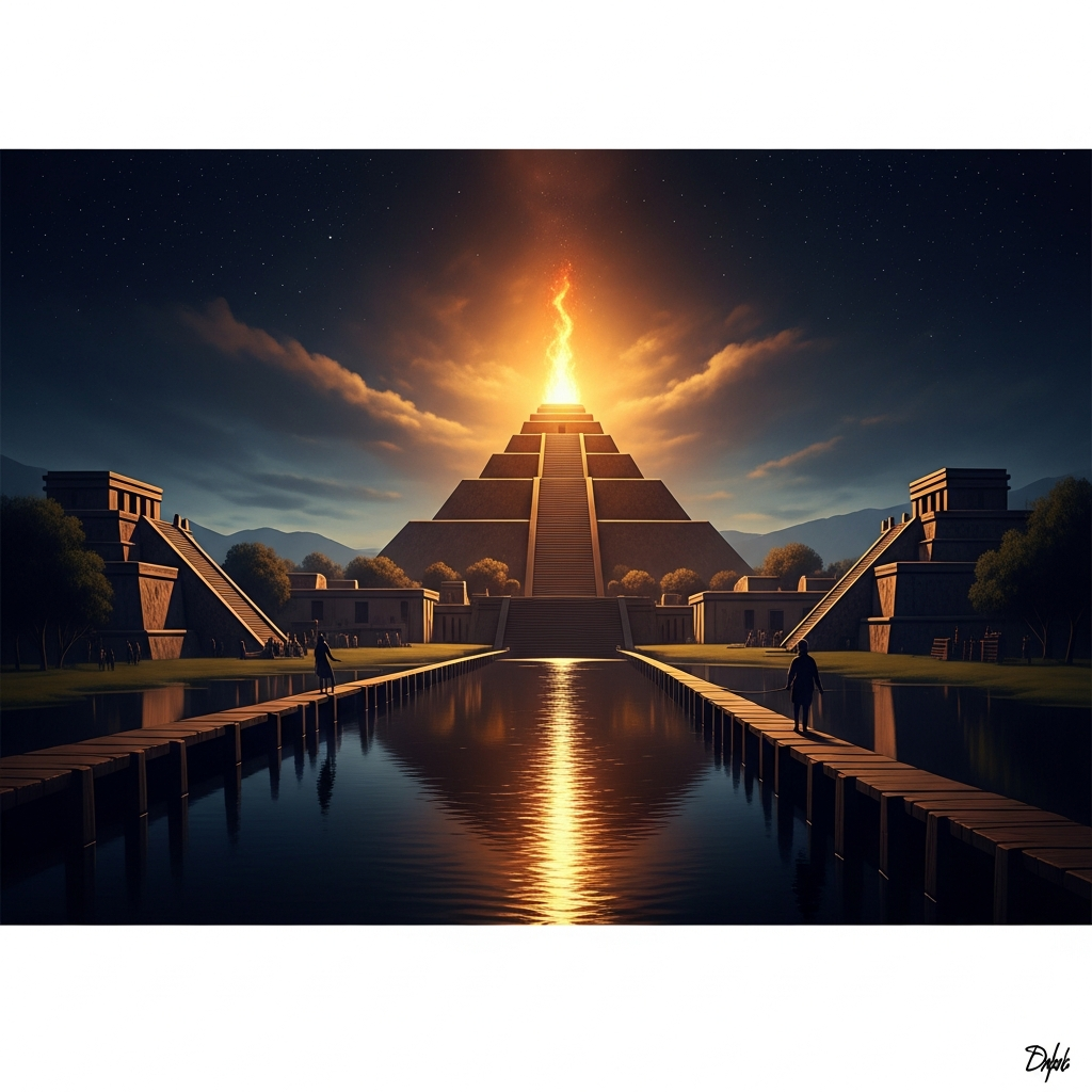 Tenochtitlan at night: the canals reflecting the stars, the causeways running to the mainland, the great double pyramid of the Templo Mayor lit by the eternal fire at its summit. A city that does not yet know it is about to become a memory.