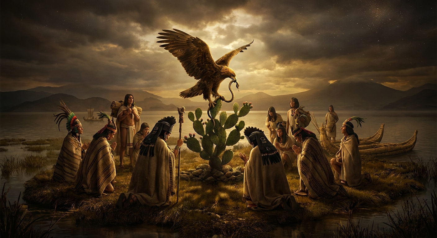 The founding vision: an eagle perched on a nopal cactus, a serpent in its beak, on a marshy island no one else wanted. The Mexica built here because Huitzilopochtli told them to. Within two centuries they fed him with twenty thousand hearts at once.