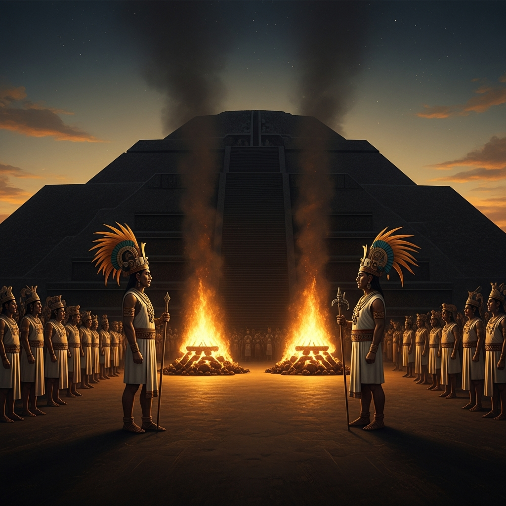 The gods assembled at Teotihuacan before the great fire, the pyramid mounds dark in the pre-dawn dark. The fire has been burning for four days. Nanahuatzin and Tecuciztecatl stand at opposite sides of the pyre. The gods watch in silence.
