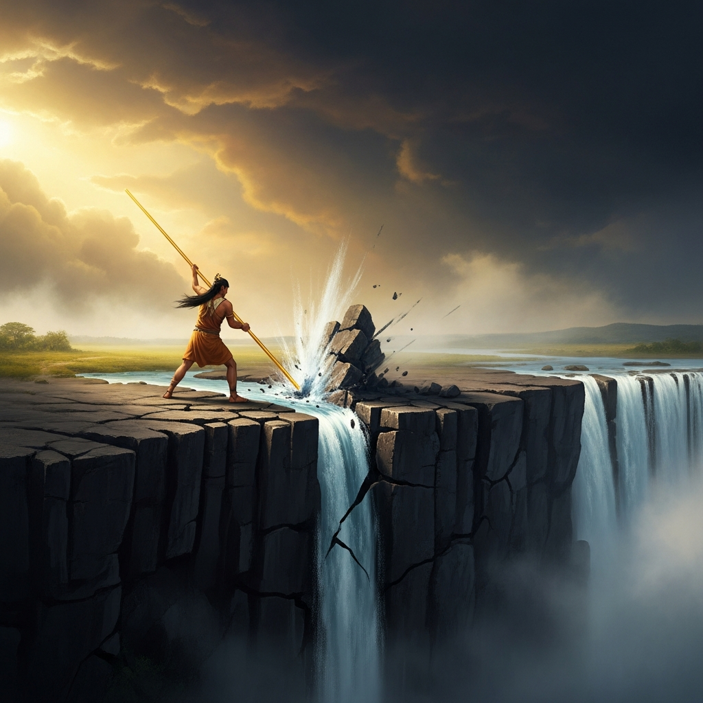 The moment the golden staff strikes the rock at Tequendama — Bochica driving the staff into the basalt edge of the plateau, a crack opening explosively in the rock, the flood water beginning to pour through in a torrent that will become the great waterfall, mist rising in clouds, the savannah beginning to drain.