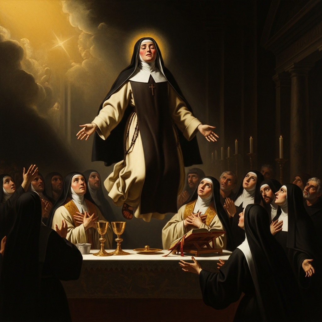 Teresa levitates involuntarily during Mass — the body declaring what the mind cannot contain, to her profound embarrassment.