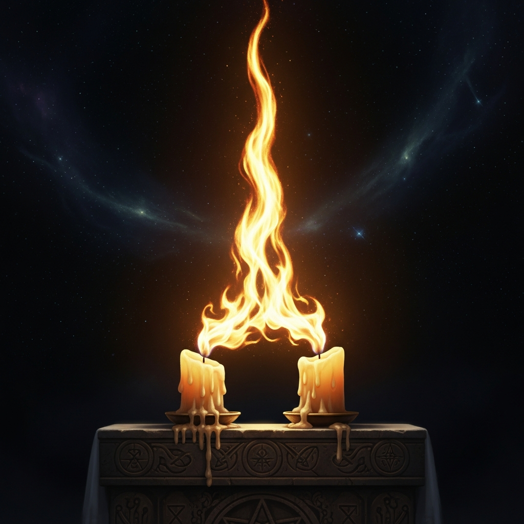 The spiritual marriage of the seventh dwelling: two candles whose flames become one — quieter than a wedding, more permanent than joy.