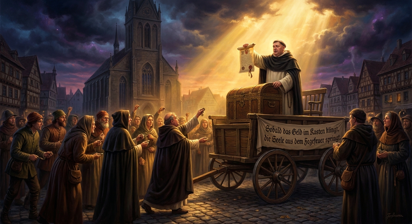 Johann Tetzel works the crowds of Saxony with his famous pitch: 'As soon as the coin in the coffer rings, the soul from purgatory springs.' The profits fund St. Peter's Basilica in Rome.
