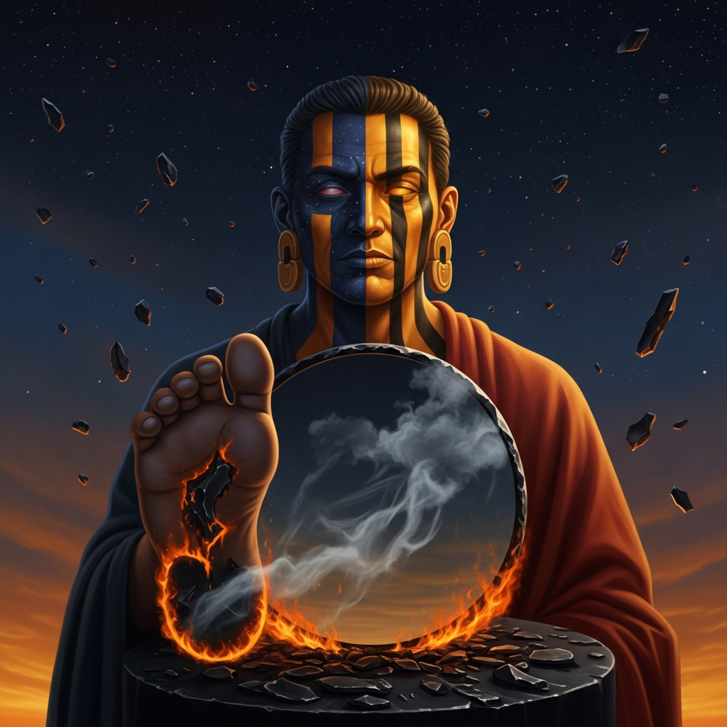 Tezcatlipoca in the night sky, the obsidian mirror where his foot should be, stars behind him like scattered obsidian chips. His face is half-striped in black and yellow, the colors of night and burning. In the mirror, the surface is clouded with smoke that moves.