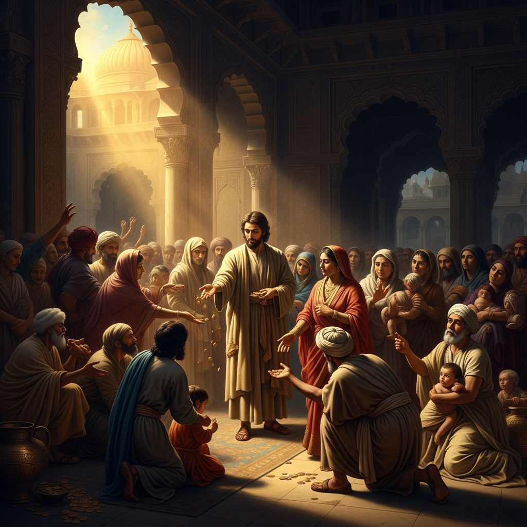 Thomas distributes the palace funds to the poor of Taxila — the sick, the hungry, the homeless — building, he says, a palace in heaven that no king can demolish.
