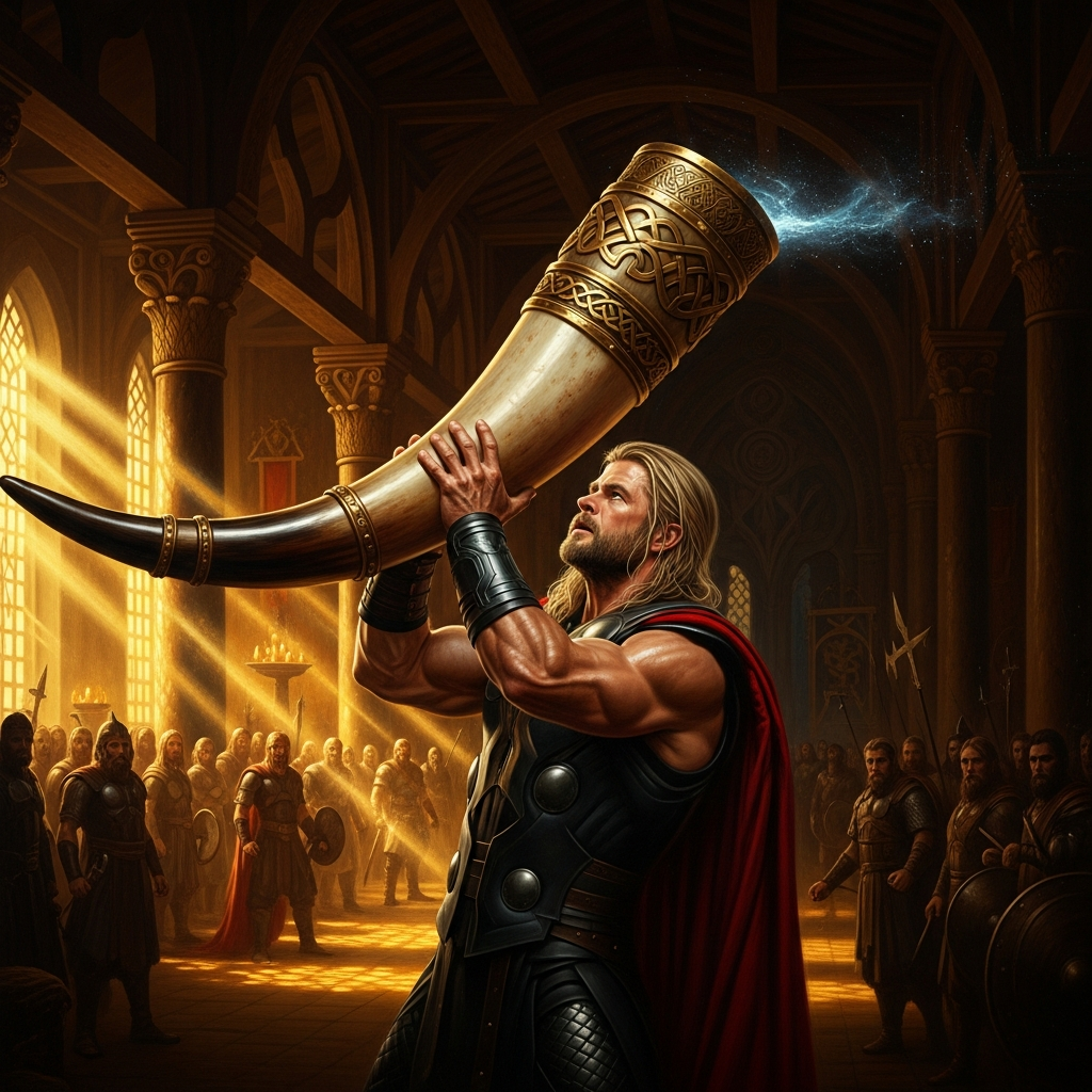 Thor lifts the drinking horn for the third time. His shoulders strain. The hall watches in silence. He does not know the horn is connected to the sea.