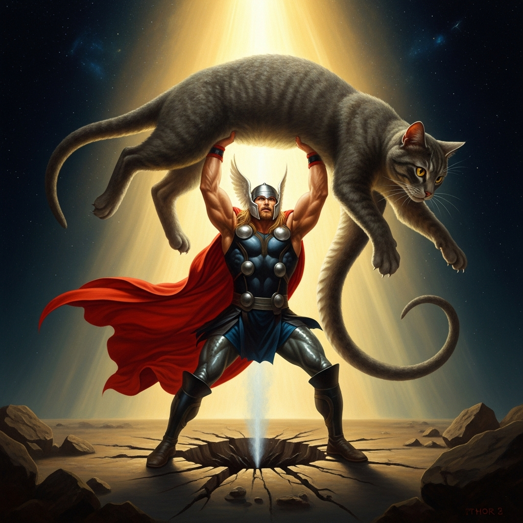 Thor strains to lift what he believes is a grey housecat. Three of its paws leave the floor. A single shudder runs through the foundations of the world: he is lifting the Midgard Serpent.