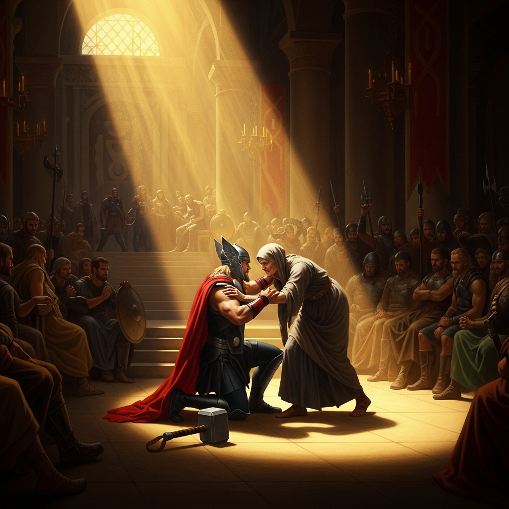 Thor wrestles a stooped old woman named Elli. She is Old Age. He goes to one knee. The hall does not laugh; the hall looks away.