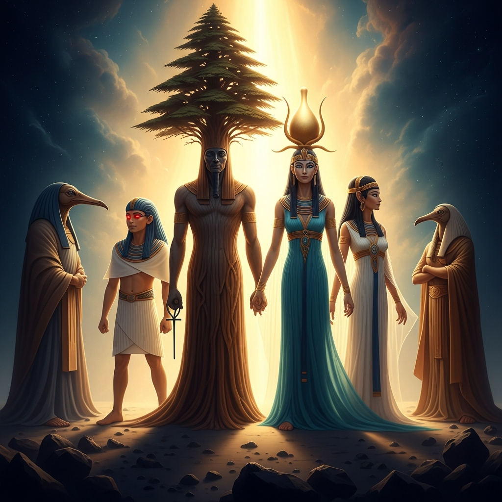 The five children of Nut on the five epagomenal days: Osiris solemn as a cedar, Horus bright, Set red-eyed and already impatient, Isis and Nephthys paired like the two horizons. Thoth stands to the side with his ibis head, watching what he has made possible.