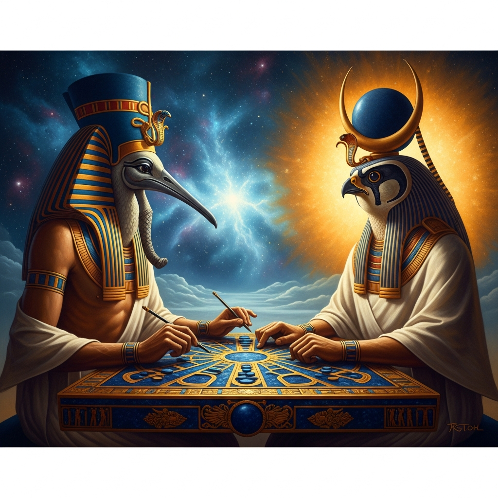 Thoth sits across a senet board from the Moon god, the sky behind them luminous and cold, the board between them inlaid with gold and lapis. The Moon's light already slightly less than it was when the game began. Thoth's expression is not triumphant — it is attentive, which is more frightening.