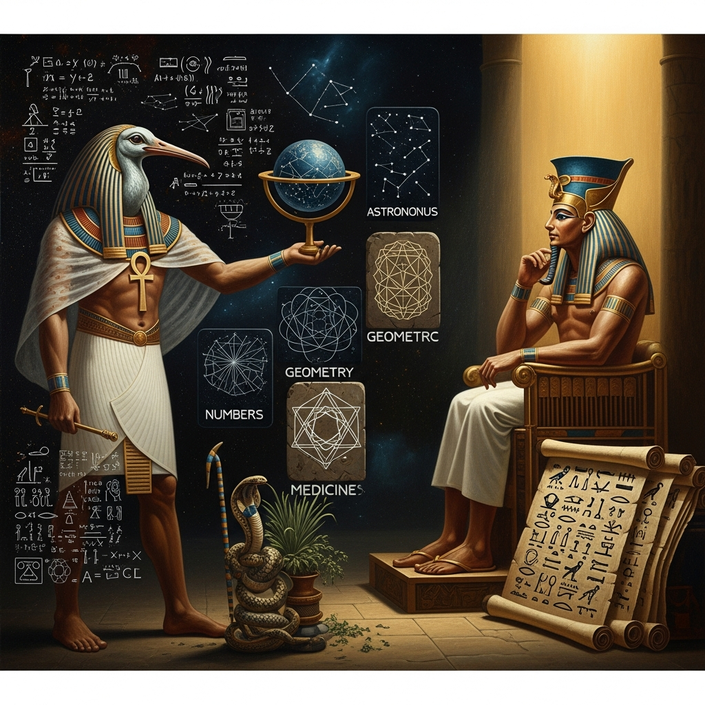 Thoth presents his inventions to the divine king Thamus — numbers, astronomy, geometry, medicine, and last of all, the reed marks that will outlast every memory.