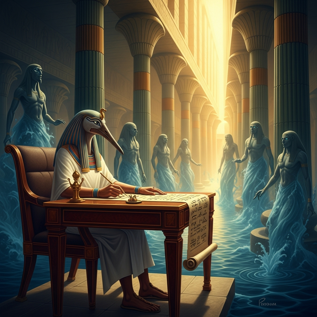 Thoth at the House of the Net in Hermopolis, city of the eight primordial gods, where the first sound broke the silence of the watery void.