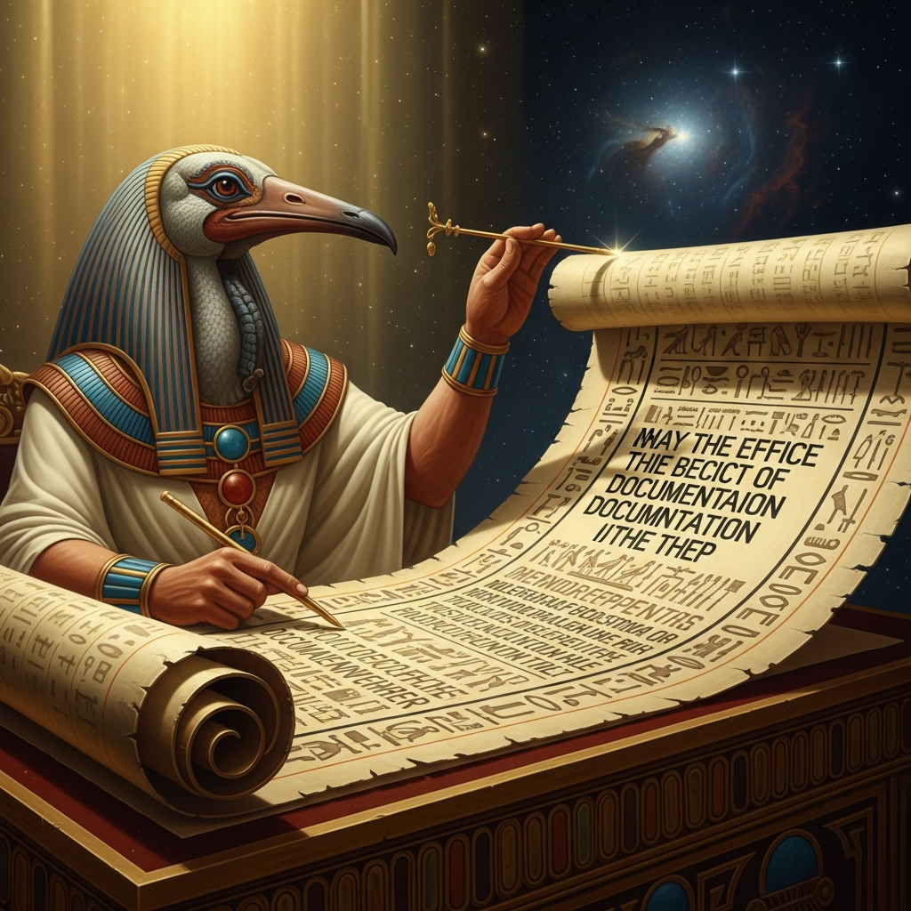 The ibis-headed scribe of heaven, stylus raised, the papyrus of divine record unrolled before him — recording the very argument about whether recording helps.