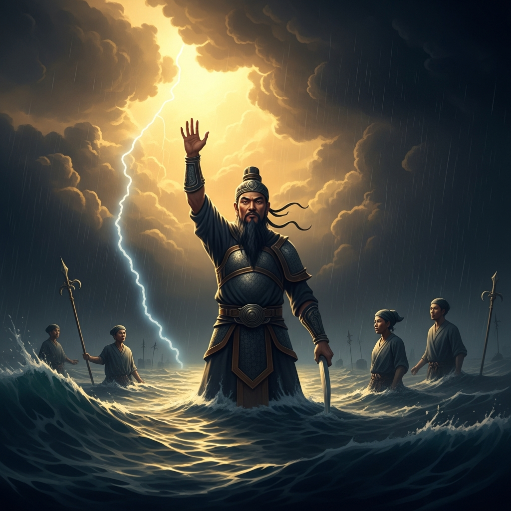 Thủy Tinh sends his armies: storms, tides, rivers climbing their banks, the rain that does not stop. Vietnamese tradition records that he can summon the wind and call rain from the sky. Every year he raises his floods higher. Every year the Red River Delta vanishes beneath water, and the people who live there know that this is not weather — it is memory.