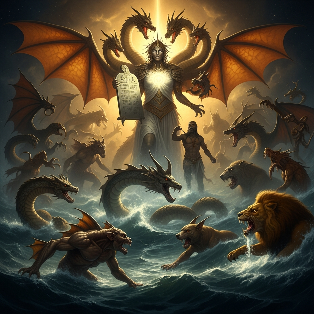 Tiamat rises from the salt-water deeps with her army of eleven monster-forms — serpents, dragons, the horned serpent, the fish-man, the great lion, the rabid dog — wearing the Tablet of Destiny around Kingu's neck like a collar.