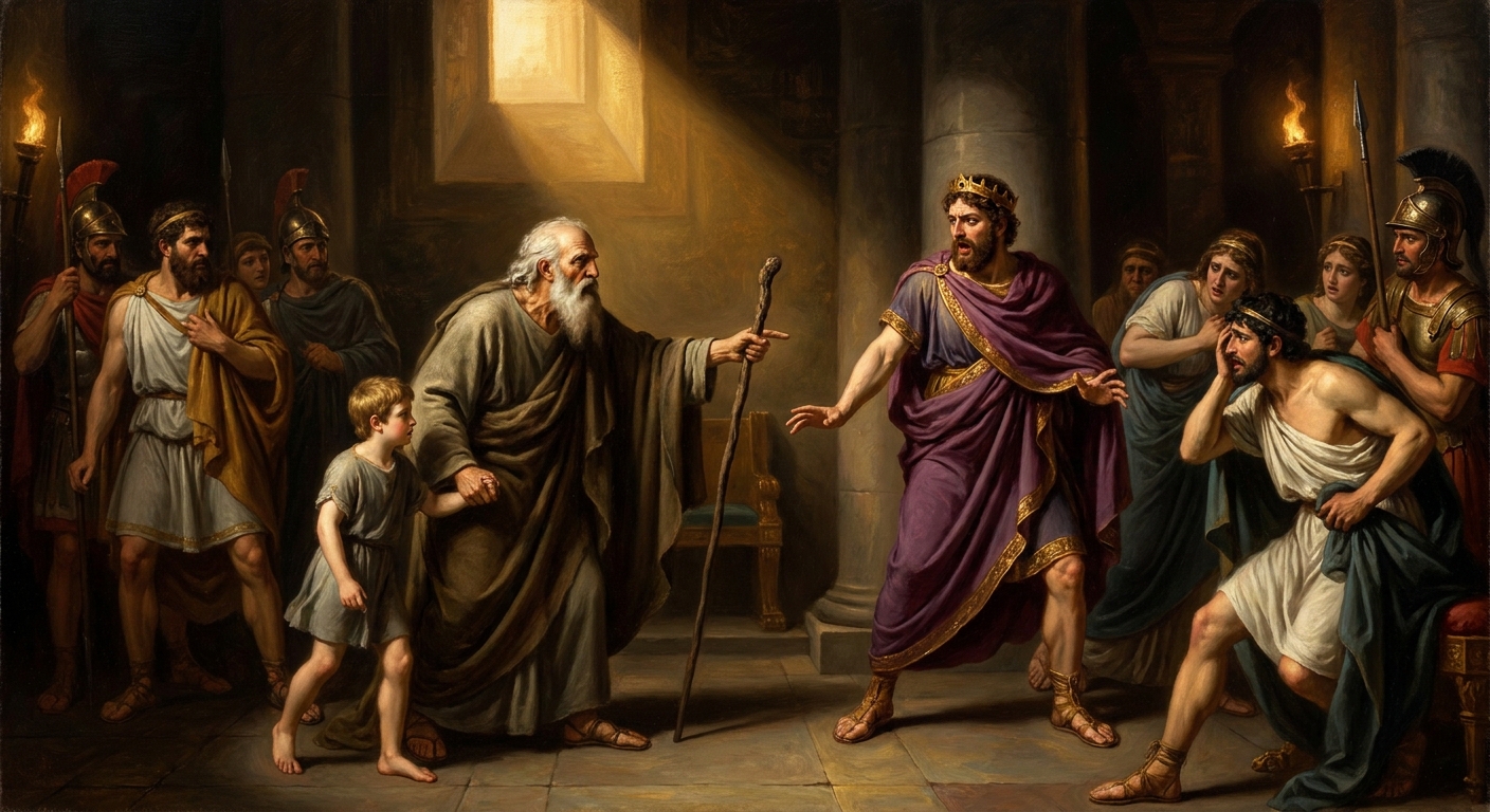 The blind prophet Tiresias points at the king: the killer you seek is you.