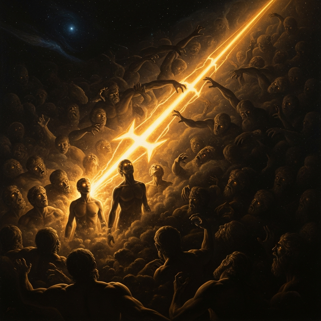 Zeus's thunderbolt falls on the Titans. From the smoking ash, the first humans rise — carrying within them the spark of the god they consumed.