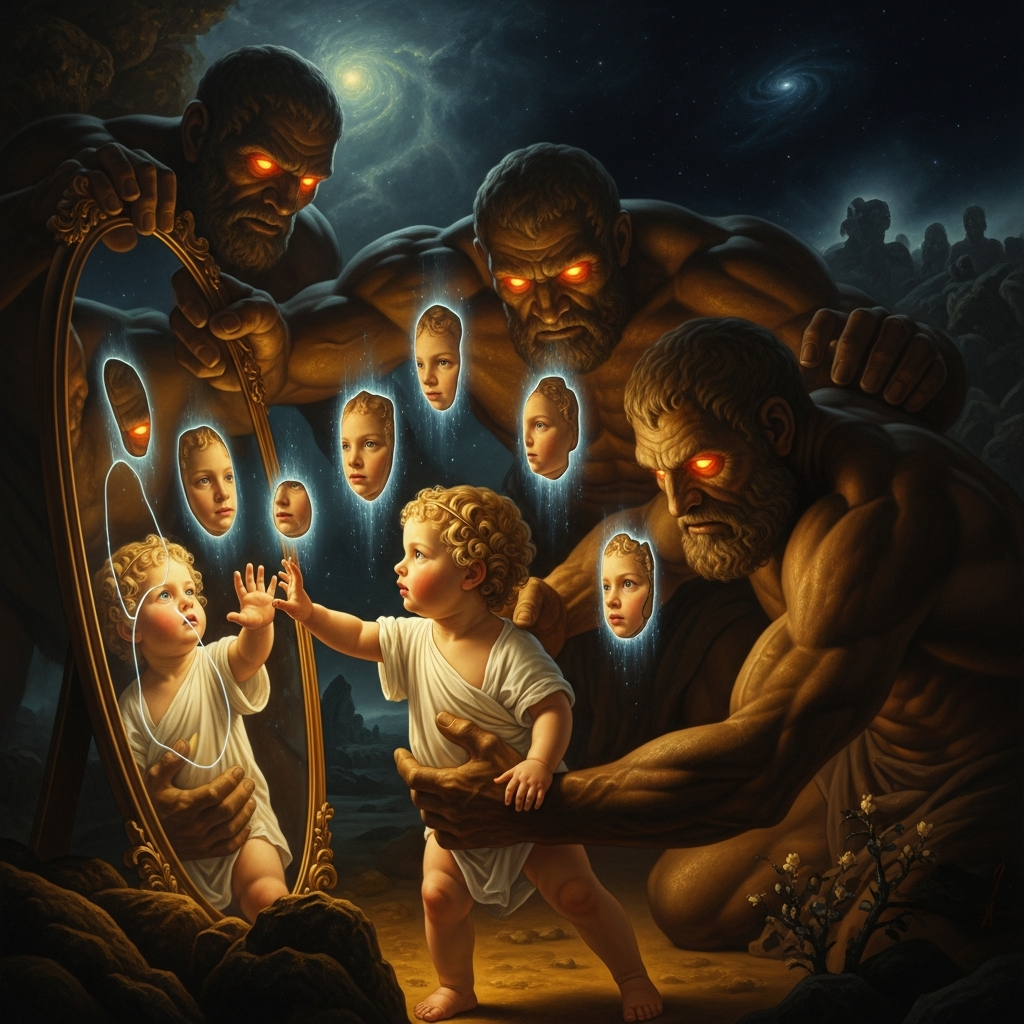 The child reaches for the mirror. The Titans seize him. Seven pieces. The god is unmade in the place where the divine and the earthly first meet.