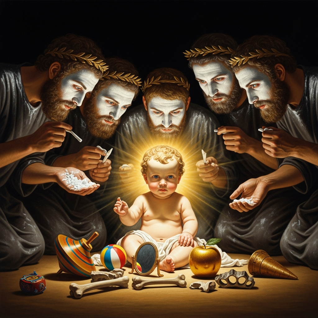 The Titans paint their faces white with chalk and set the toys before the infant god: spinning top, ball, mirror, knuckle bones, a golden apple, a cone.
