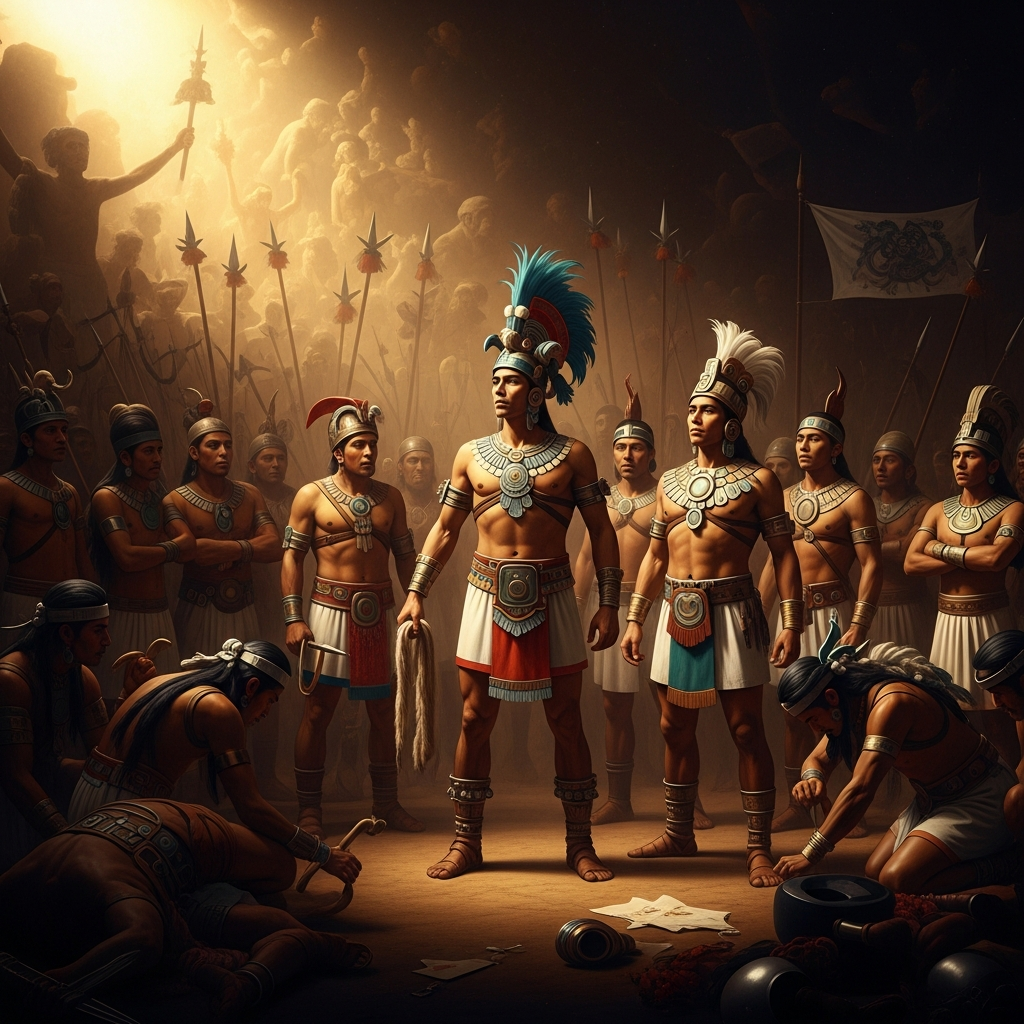 The festival of Tlacaxipehualiztli — the Flaying of Men — fills the second twenty-day period of the Aztec year. The gladiatorial sacrifices, the flaying, and the assignment of skins to the tototectin priests who will wear them for the festival's duration.