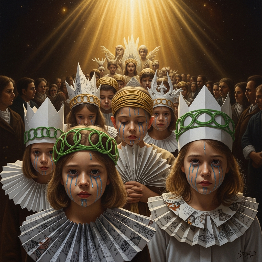 A procession of children dressed in paper regalia, their faces painted with liquid rubber and rubber-banded crowns of maize-green. The crowd is silent. The children are crying, and this is the point.
