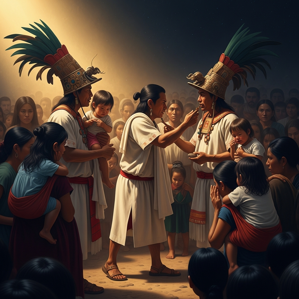 The priests of Tlaloc move through the crowd assembled for Atlcahualo, reading the faces of the children carried by their parents — watching for the ones whose tears come freely, whose grief is the most generous. The more tears, the better the rain.