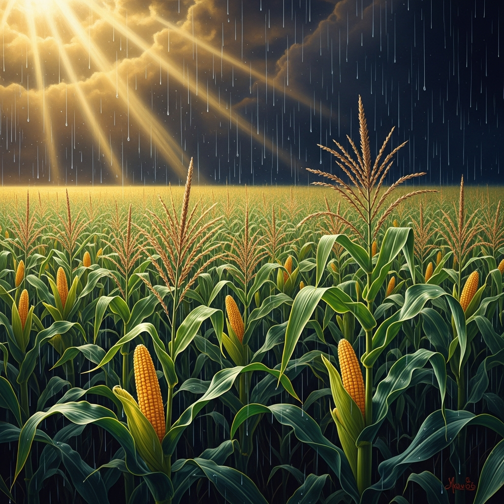 Rain falling on a mature milpa — the intercropped field of maize, squash, and beans that is the agricultural foundation of Mexica civilization. Each raindrop catching light as it lands.