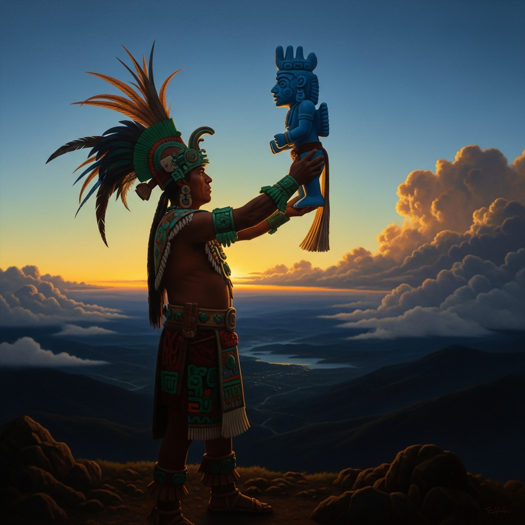 A tlalocan priest at the summit of Mount Tlaloc before dawn, the valley below still dark. He holds a ceramic effigy painted blue, the color of water and sky. Cloud banks are moving in from the east.