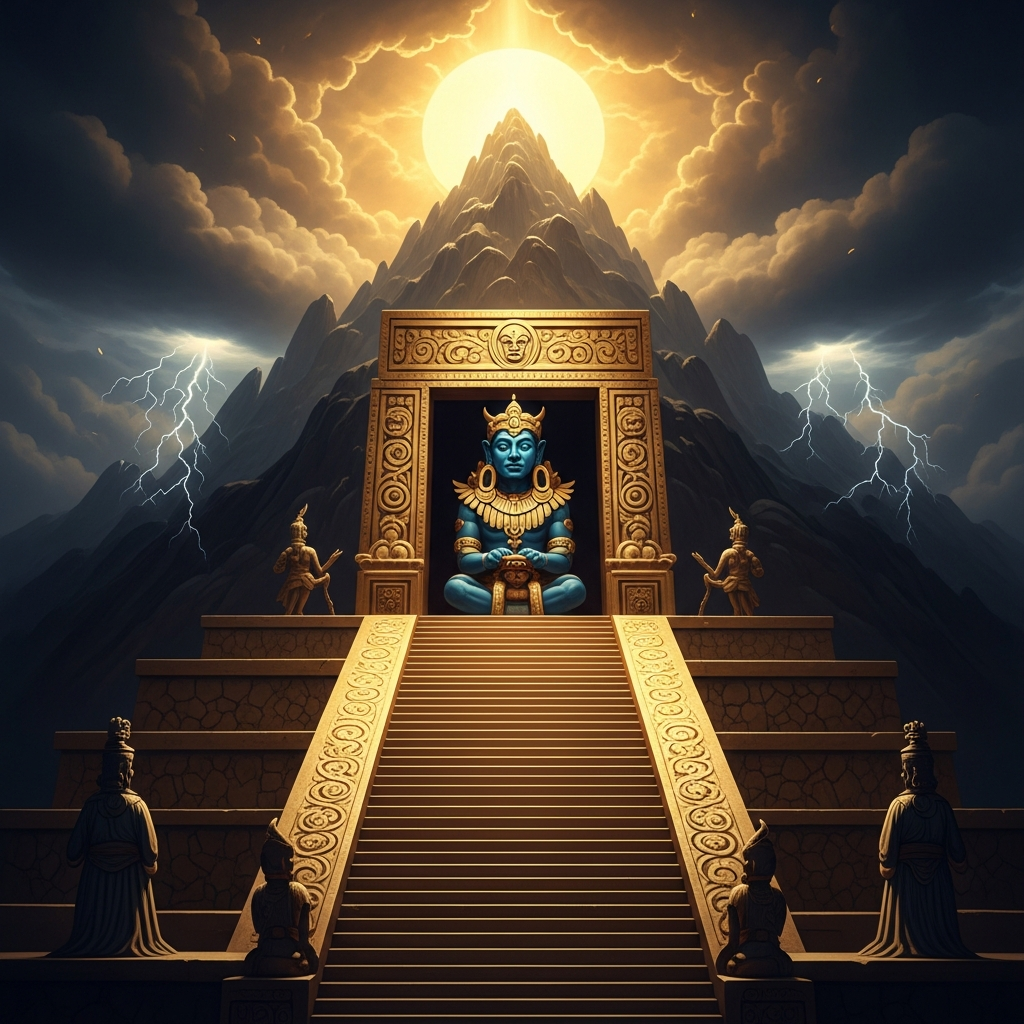 At the summit of the Templo Mayor's northern stairway, the blue-faced god waits in his shrine. The mountains are his domain; the clouds are his breath; the hail, the thunder, the flash flood — all his. He is not cruel. He is a system of exchange, and the exchange is non-negotiable.