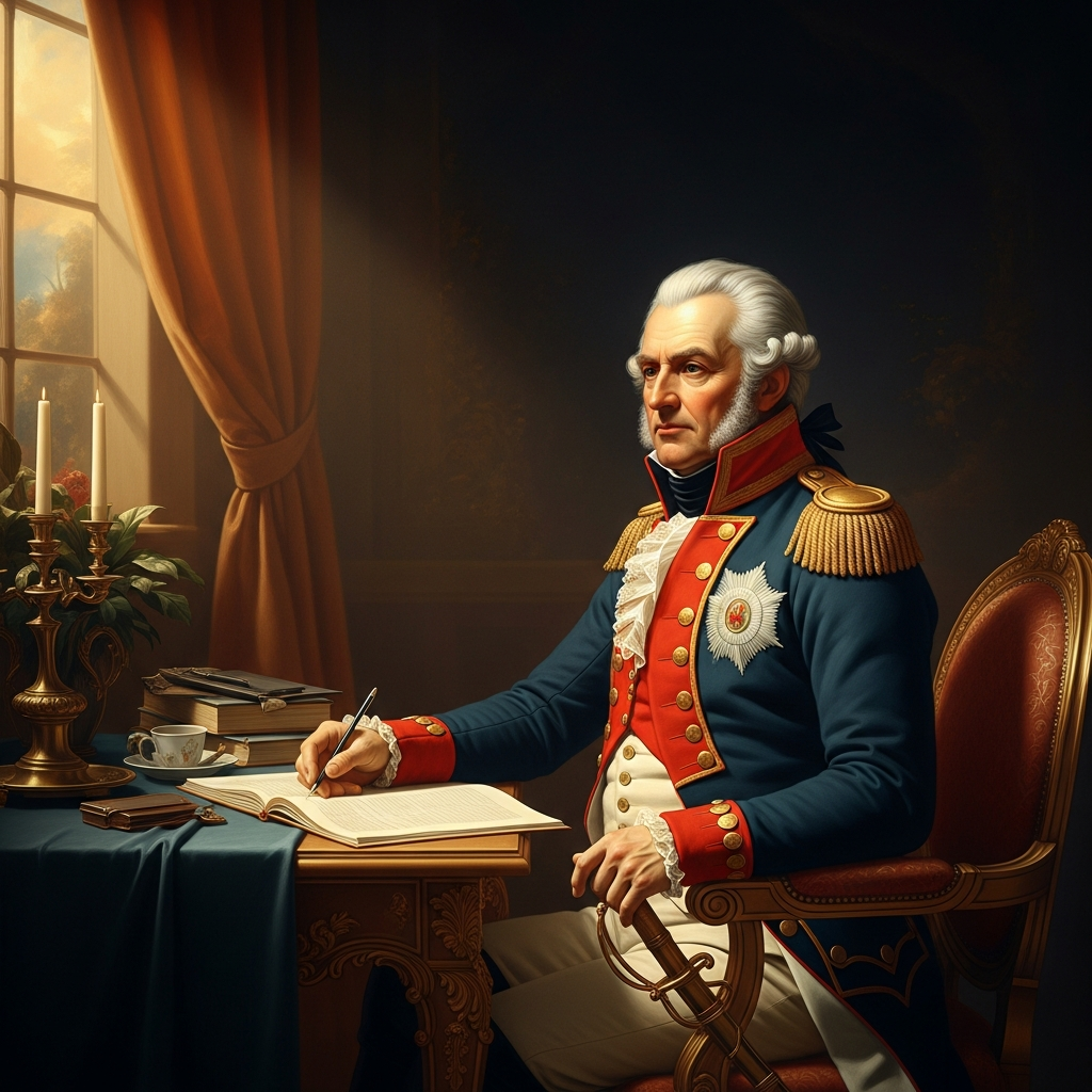 Toussaint as Governor-General of Saint-Domingue, 1801 — in uniform, at the table where he dictated the colony's first constitution, which declared himself governor-for-life and implicitly asserted sovereignty. Napoleon read it and sent twenty thousand troops.