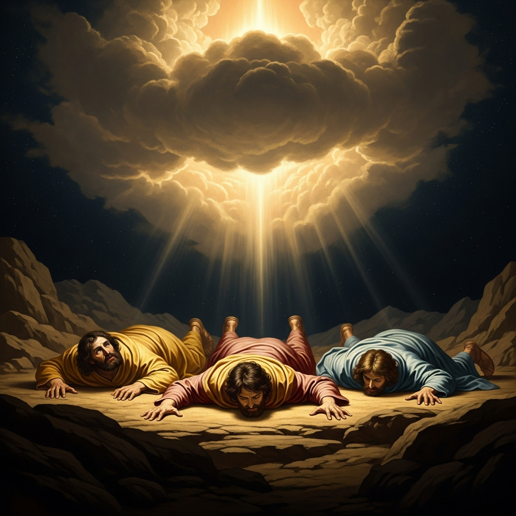 Peter, James, and John collapse face-down on the mountainside as the cloud descends and the voice of God fills the air.