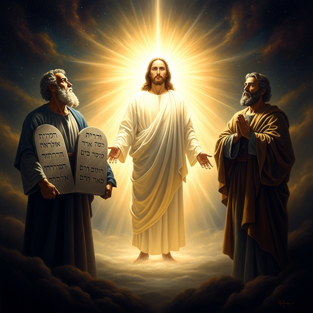 Moses and Elijah stand on either side of the blazing Christ — the Law and the Prophets flanking the one they both pointed toward.