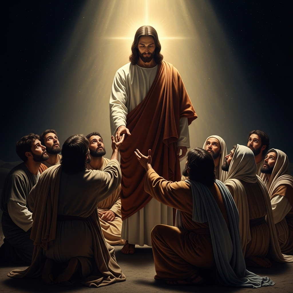 When the disciples lift their faces, the vision is gone — only Jesus stands above them, his hand reaching down, the ordinary morning returned.